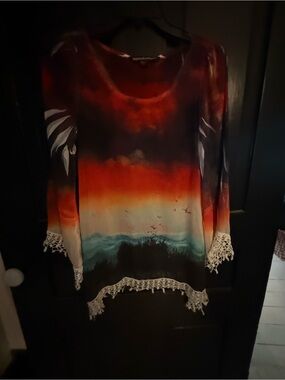 Sienna Rose Ombre Sunset Crochet-Hem Tunic in Red, Orange, Teal
